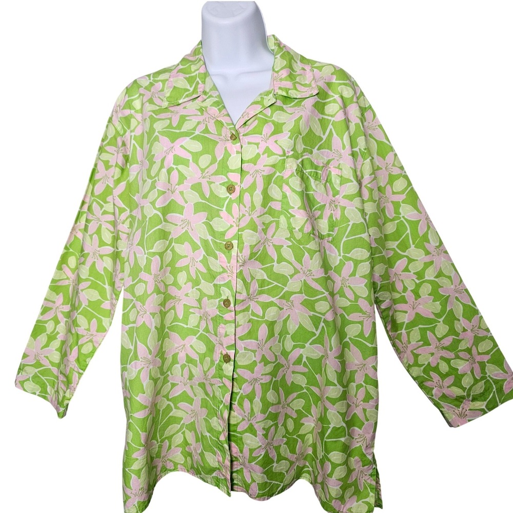 Lilly Pulitzer Classic Lilly Floral Button Down Shirt Women M Green Pink Cotton